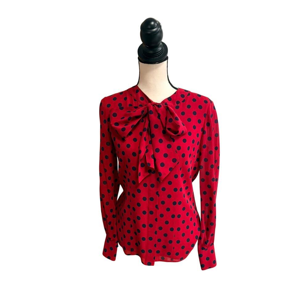 St. John Collection Red Navy Silk Polka Dot Blouse Bow Tie Neck Womens Size 4